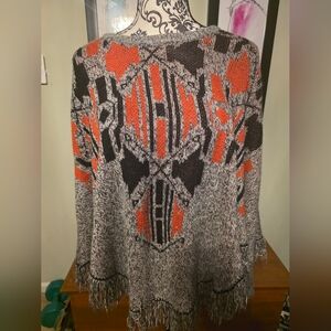Geometric Patterned Poncho Sweater - Black, Gray, and Orange